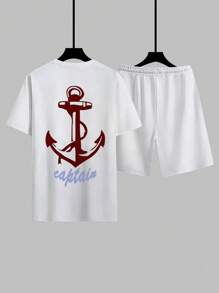 2pcs/Set Plus Size Men's Casual Anchor Print T-Shirt Suit, Suitable For All Seasons - White - View 4