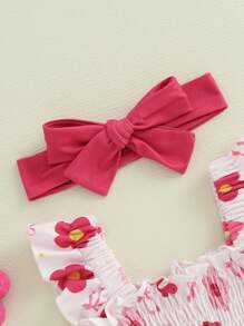 Baby Girls Rompers Flower Print Ruched Sleeveless Infant Bodysuits Jumpsuits With Headband - Pink - View 7