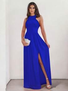 Sophisticated Off-The-Shoulder Long Dress With Leg Slit - 藍色 - 查看 3