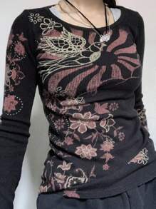 Women Y2k Fairy Grunge T-Shirt Top Vintage Floral Graphic Print Long Sleeve Crew Neck Shirts Gothic E-Girl Punk Tees Tops Aesthetic Clothes Goth Streetwear - 紅色 - 查看 2