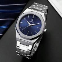 A Blue Men's Quartz Watch, Stylish And Elegant Business Stainless Steel Round Calendar Watch, Suitable For Daily Life Holiday Gifts