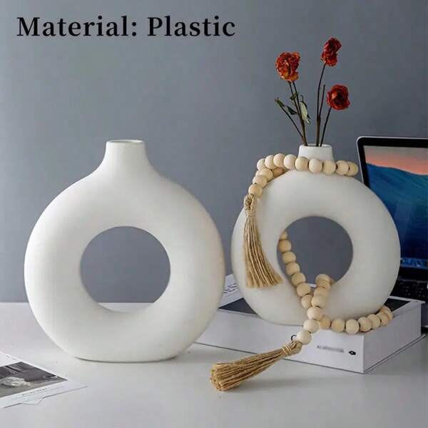 1 pieza Jarrón redondo minimalista moderno, de plástico blanco, estilo bohemio, para arreglos florales secos, decoración del hogar para sala de estar, escritorio, estantería, salón de belleza, decoración de primavera/verano, suministros de arte y herramientas de manualidades, regalo de Navidad, decoración de habitación, jarrón de flores, jarrón de vidrio