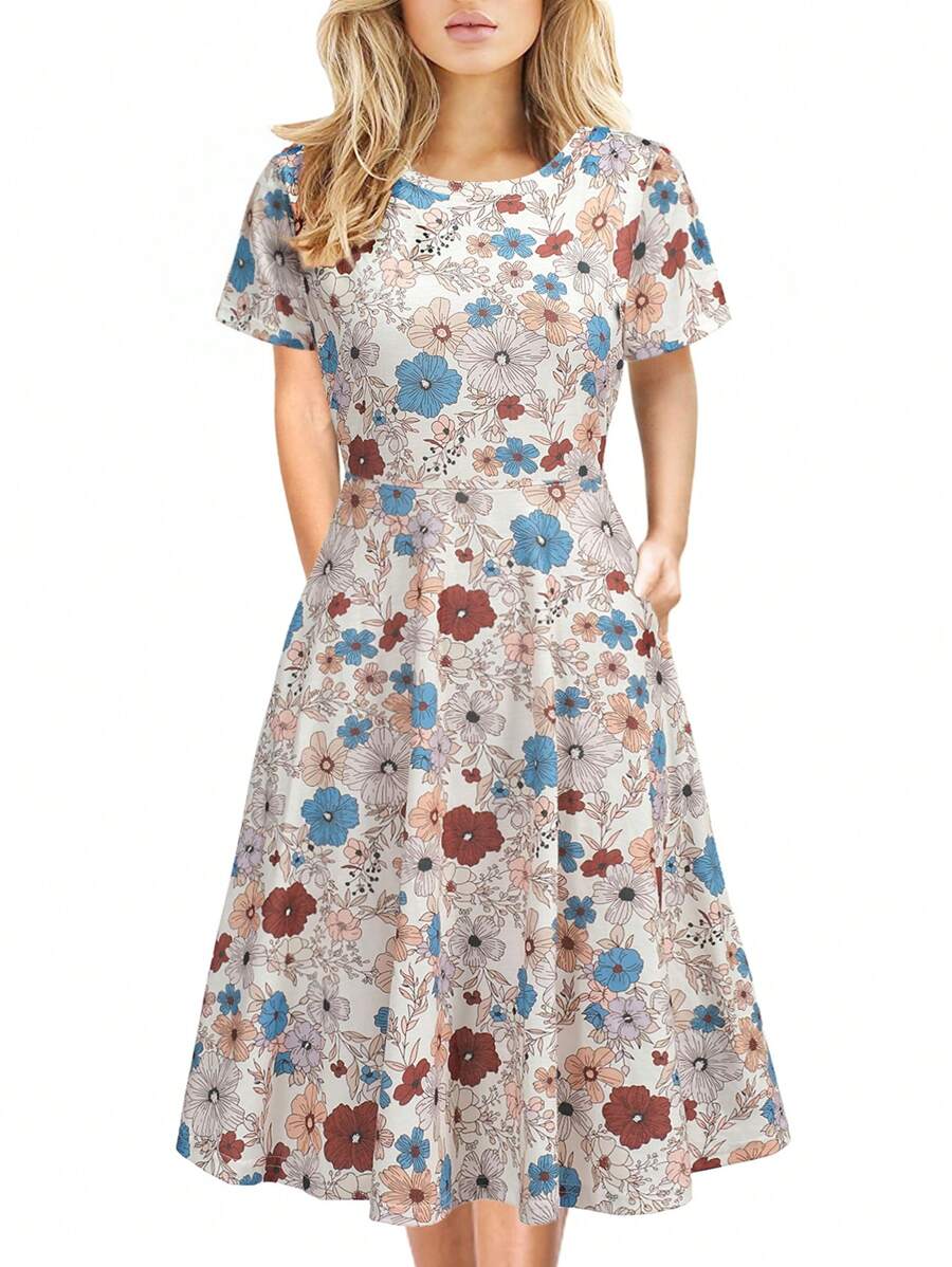 女士春夏花园优雅简约连衣裙，休闲通勤圆领短袖印花及膝 A 字裙，带口袋 - 杏色 - 查看 1