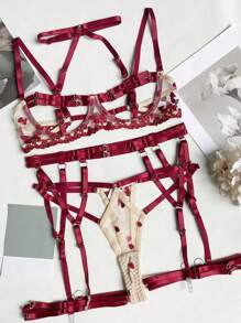 5pcs Romantic Embroidered Underwire Lingerie Set Including Neckline, Embroidered Thong, Waist Belt And Leg Strap, With Choker Necklace Included, Sexy For Valentine's Day - Red - View 3