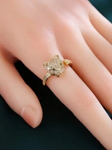 1 件欧美凶猛豹头开口戒指，18K 镀金铜镶嵌锆石首饰 - 金色 - 查看 5
