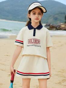 ASK JUNIOR 2 件套 Tween Girls Tween Girl 针织 Polo 衫和迷你裙网球套装
