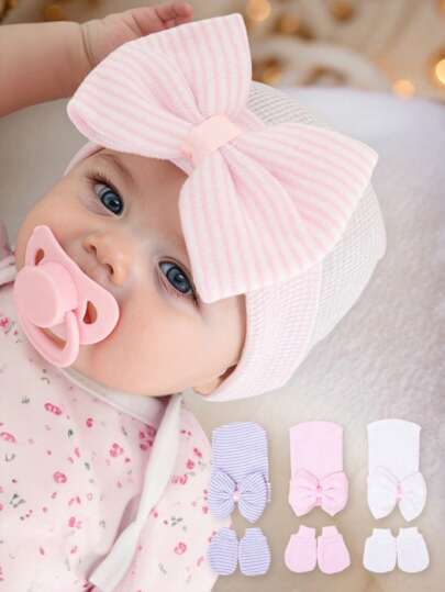 1 Set 0-3M Newborn Infant Bow Decor Hospital Hat + Anti-Scratch Mittens, Soft, Comfortable, Suitable For Baby Casual Knitted Hat