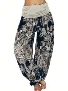 Plus Size Women Printed Casual Loose Long Pants - 卡其色 - 查看 3