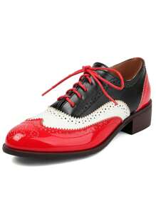 Comfortable Womens Classic Oxfords Lace Up Chunky Heel Oxfords Business Formal Wingtip Brogue Dress Shoes For Women - Red - View 11