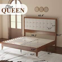 Wood Platform Bed Frame With Upholstered Tufted Headboard – Solid Wood Construction, No Box Spring Required - 核桃 - 查看 3