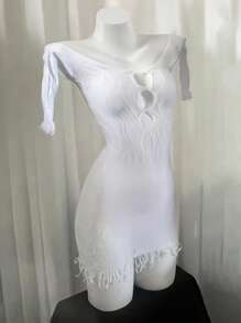 Sexy lingerie voor dames met kerstmotief, groot ondergoed, jurk met holle omslag, doorschijnende effen kleur, elastische kanten jurk