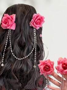 1pc Women's Romantic Faux Flower & Pearl Hair Clip