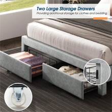 Velvet Upholstered Platform Bed Frame With LED Lights And Storage Drawers – No Box Spring Needed, Easy Assembly - Light Grey - View 5