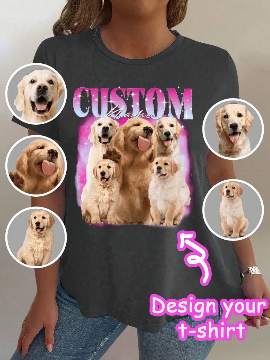 Plus Size Customized Clothing, Gift For Girlfriend/Wife, Valentine's Day Gift, Plus Size Loose Women's Plus Size T-Shirt - Add Your Own Text And Images (Pet Photo/Selfie/Friend Photo/Family Member Photo) To Design Your Own Personalized Printed Plus Size T-Shirt,Ornamental,Dawg,Unique,Custom,Ideal Gifts For Her,Family,Friends,Pink Girls,For Holiday,For Vacation,For Anniversaries - Dark Grey - View 1