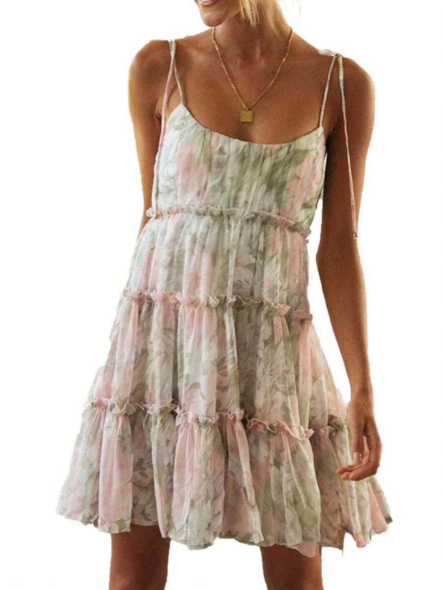 Women's Plus Size Summer Spaghetti Strap Floral Print Ruched Ruffle Hem A Line Short Dresses - Hồng - Xem 1