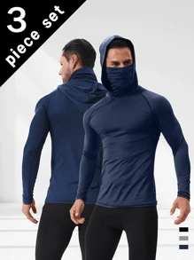 3 Piece Men's Quick Dry Athletic Hoodie With Mask - Breathable, Sun-Protective, High-Stretch Polyester Fabric For Gym, Running And Casual Wear - 彩色 - 查看 3