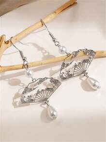 1 对中国银扇形珍珠耳环，复古镂空花卉甜美设计，适合女性 - 銀色 - 查看 6