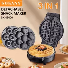 SOKANY 08006, Multifunctional 3-In-1 Cake Machine, Waffle Machine, Donut Machine.3 Sets Of Baking Trays, Removable And Cleanable, High-Power, Double-Sided Heating, Intelligent Temperature Control, With Indicator Light, Aluminum Material, Very Suitable For Homemade Waffles, Cakes, Sandwiches, Burgers, Pizza, Children's Biscuits, Donuts.