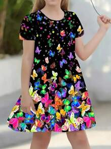 Girls Dreamy Colorful Butterfly Print Short Sleeve Dress Comfy Dresses Summer Gift
