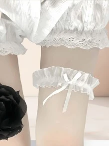 Sensual Mesh Bow Garter Belt, Sexy Lace Thigh Garter For Brides, Bridal Accessories, Neck Ring Leg Strap - White - View 1