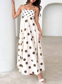 2025 Women Long Cami Dress Stripe/Dot Print Spaghetti Strap Backless A-Line Flowy Dress - 白色 - 查看 2