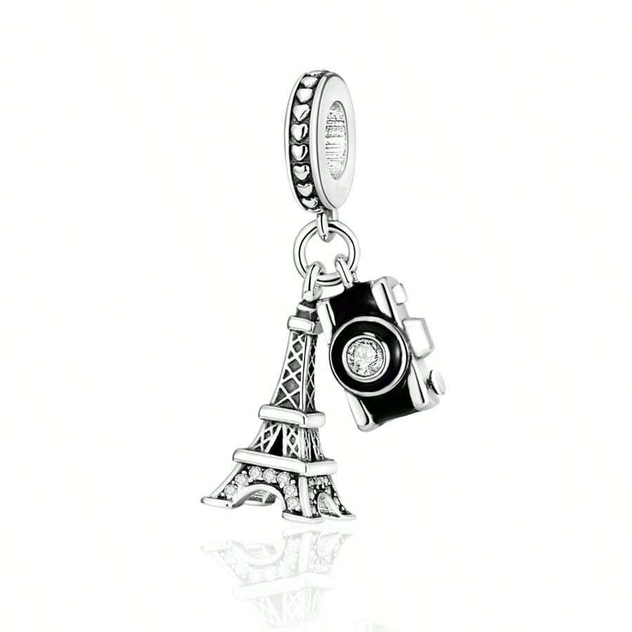 Easvnya 1pc Stylish Silver-Plated Camera And Eiffel Tower Pendant, 3D Design Elegant & Fashion, DIY Jewelry Making Kit Suitable For Bracelets And Necklaces, Fashionable Women Seeking Unique Style, Everyday Wear Or Special Occasions, Valentine's Day Or Birthday Gift - Silver - View 1
