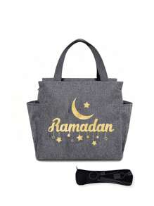 Insulated Bag With The "Golden Moon And Star Combination " Pattern Paired With A Black Cutlery Storage Bag, Thermal Bag, A Double Pocket Lunch Box Bag, Large Capacity, Student Meal Insulated Refrigerated Bag, Portable Travel Picnic Bag, Office School Lunch Bag Insulated Lunch Box, Work Lunch Box, Work Office Holiday Lunch Box, And Multi-Functional Camping School Lunch Box For Both Men And Women(Four Colors To Choose From)