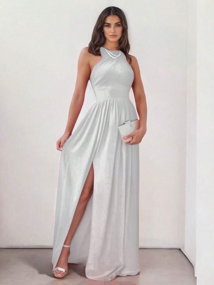 Sophisticated Off-The-Shoulder Long Dress With Leg Slit - 白色 - 查看 1