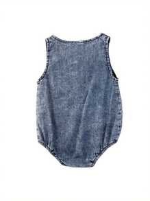 Toddler Summer Playsuits, Baby Denim Blue O-Neck Sleeveless Button Open Rompers For Girls, Boys, 0-12 Months - Màu xanh lam - Xem 6