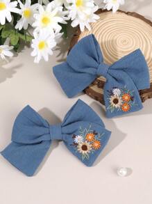 2 piezas Lazos para el cabello con bordado azul para niñas, Pasadores para el cabello con bordado de flor para niños, Pinzas de caimán de tela suave de color sólido, Accesorios para el cabello de niños - Multicolor - Ver 3