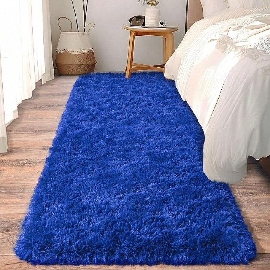 Soft Fluffy Shag Throw Area Rug, 2x4 Black, Non-Slip Bedroom, Hallways, Bedside, Dorm, Living Room - Long Shaggy Rug - Biru Kerajaan - View 1