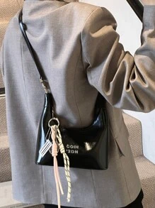 Novo tecido impermeável PU de cor sólida da moda Joker, design de decoração com padrão de letras, abertura e fechamento com zíper, bolsas, bolsas quadradas, bolsas cor de vinho, com design de decoração com pingente, pode ser pendurado, adequado para compras.