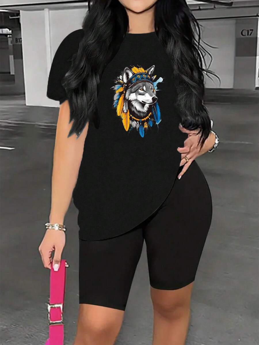 Women's Fashionable Crew Neck Graphic Print Short Sleeve Shorts Set - Round Neck Casual Short Sleeve Shirt Shorts Set With Polyester Fabric - Lightweight & Breathable Vest For All Seasons, 1 Set,290g