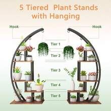 Danolapsi Plant Stand Indoor,5 TierTall Plant Shelf Half Moon Shape Garden Plant Holder,Large Holder Display Shelf,Curved Flower Display Holder With Hanging For Home Patio Lawn Garden Balcony - Vintage Smoked Wood Color + Black - View 2