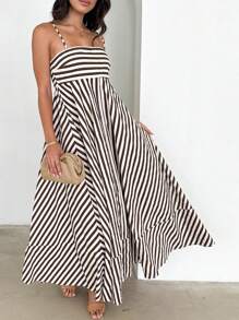 2025 Women Long Cami Dress Stripe/Dot Print Spaghetti Strap Backless A-Line Flowy Dress - màu nâu - Xem 2