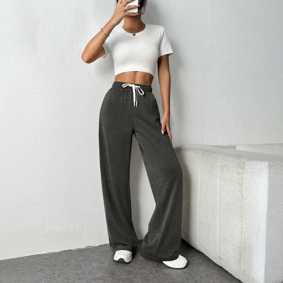 Women's Lined Sweatpants High Waisted Baggy Wide Leg Sweat Pants For Women Casual Drawstring Workout Pants - 深灰色 - 查看 1