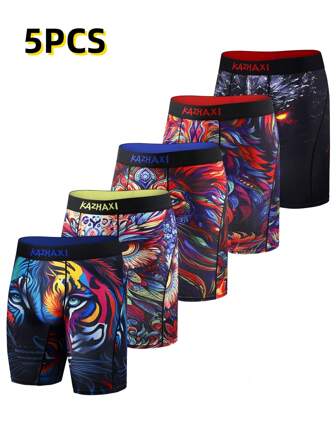 5pcs/Set Animal Printed Long Boxer Briefs, Stretchy Comfort Sports Casual Underwear