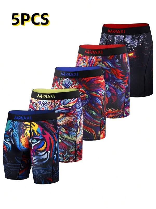 5 peças/conjunto de cuecas boxer longas com estampa animal, roupa íntima esportiva casual elástica e confortável