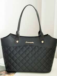 PU Leather Handbag For Women, Fashion Rhombic Jacquard Tote Shoulder Bag Simple Shopping Bag - Black - View 2