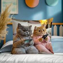 1pc 17.7*17.7 Inch (45*45cm) Couple Cat Playing Game Print Polyester Pillow Cover [Single-Sided Print][Pillow Inner Not Included], Suitable For Home Decor, Sofa, Bed, Car, Etc.