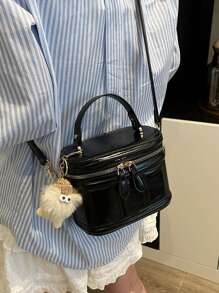 时尚棕色复古 PU 迷你手提包（含毛绒吊坠）