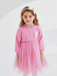 Vestido de manga larga de malla con estilo de niñas europeo y americano con bordado de conejito, vestido de princesa para niñas en otoño