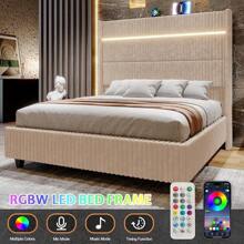 Corduroy Upholstered Platform Bed Frame With LED Lights, 60" Tall Wingback Headboard & Charging Station – No Box Spring Required - Beige - View 6