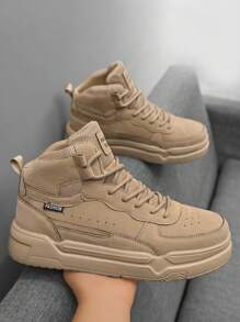 (Runs Small) Fashionable Retro Khaki Letter Decor Couple Shoes, Lightweight Versatile Comfortable High-Top Casual Sneakers, Unisex Outdoor Sports Shoes