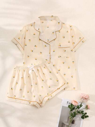 2pcs/Set Women's Yellow Small Floral Printed Summer Pajama Set, Short Sleeve Button-Down Shirt And Shorts, Casual Loungewear For Summer., Two Pieces Set