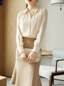 YUXIN Elegancka francuska bluzka z szyfonu z kołnierzykiem polo, wiosenne nowości, prążkowany żakardowy wzór, długi rękaw - Morela - Zobacz 5