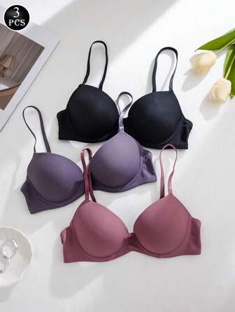3pcs/Pack Women Casual Solid Color Chain Decor Adjustable Straps Wire-Free Back-Smoothing Push Up Bra
