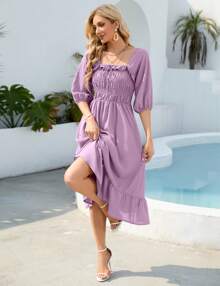 GoyRrbay Women's Sundress Half Sleeve Elastic Square Neck Smocked Ruffle Hem Midi Beach Dress - Màu tím - Xem 1