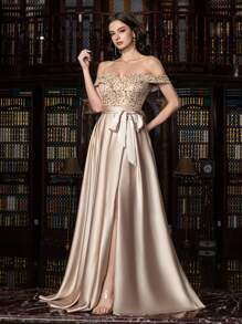 Faeriesty Elegant Shimmering Sequin-Satin Evening Gown With Side-Slit Design | Luxury Gala Look For Weddings, Parties Or High-End Events, Party Dress, Wedding Guest Dress, Formal Dress, Evening Dress - Champagne - View 8