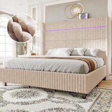 Corduroy Upholstered Platform Bed Frame With LED Lights, 60" Tall Wingback Headboard & Charging Station – No Box Spring Required - Beige - View 1
